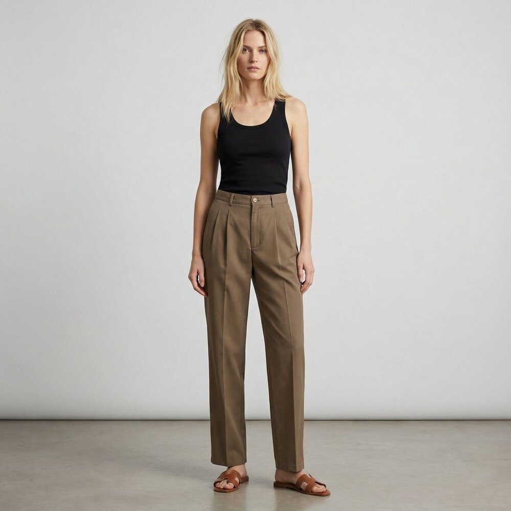 Olive Brown 32 Trousers Cotton High-Waisted Straight Leg Classic Minimalist